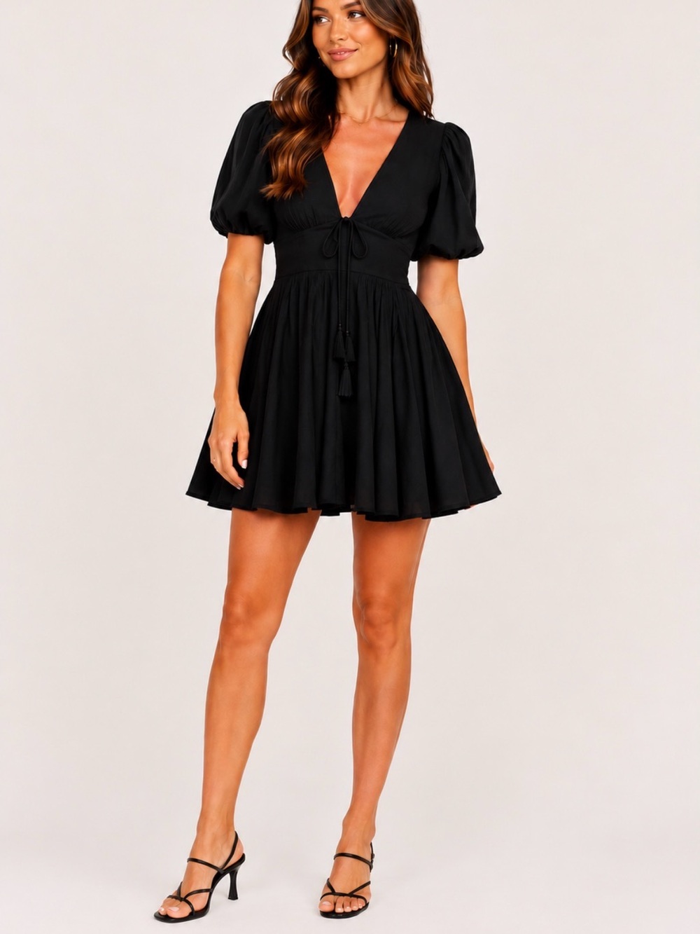 House of Harlow 1960 Black Tie-Front Puff Sleeve Mini Dress
